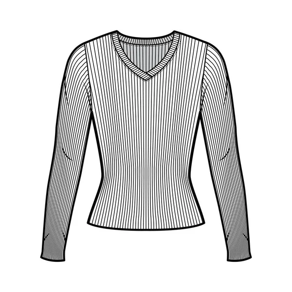 Pull côtelé tricoté en V illustration de mode technique à manches longues, forme moulante. — Image vectorielle