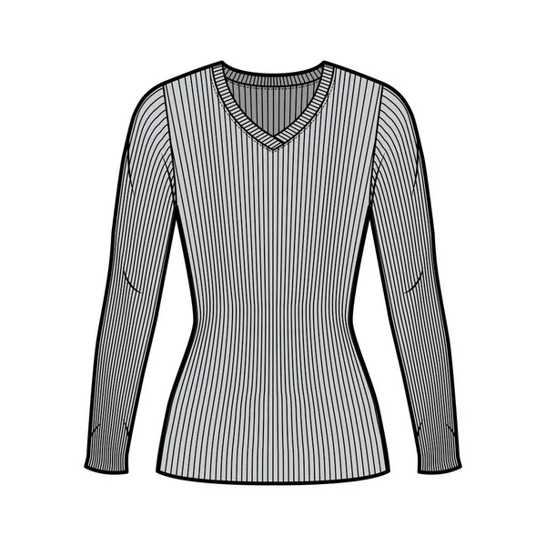 Żebrowany sweter z dzianiny V-neck Ilustracja z długimi rękawami, dopasowany kształt, długość tuniki. — Wektor stockowy