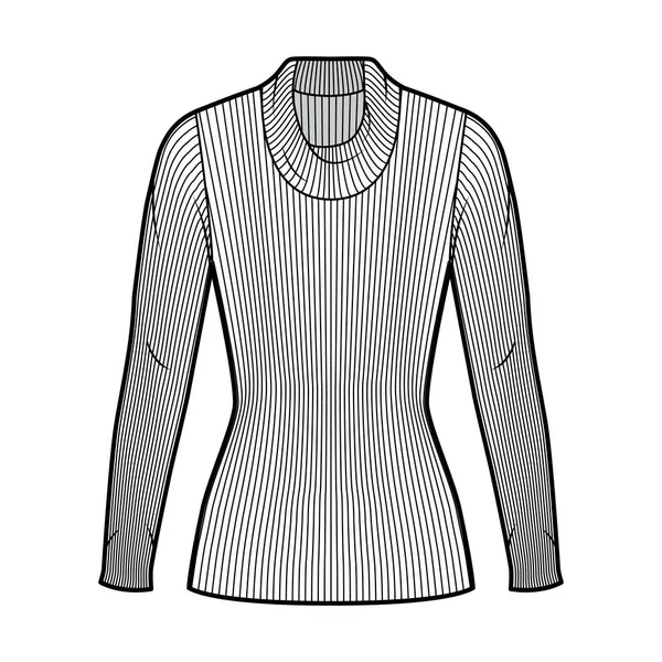 リブのカウルタートルネックニットセーター技術的なファッションイラストで長い袖、密着形状、チュニック長さ — ストックベクタ