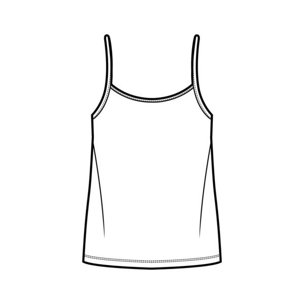 Camisole topp teknisk mode illustration med överdimensionerad kropp, bundna rem scoop hals. — Stock vektor