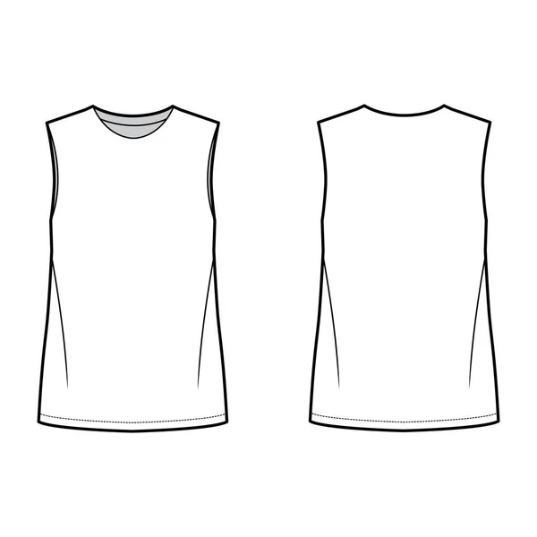 超大体长、圆领、无袖、超短裙的基本女衫技术时尚图例 — 图库矢量图片
