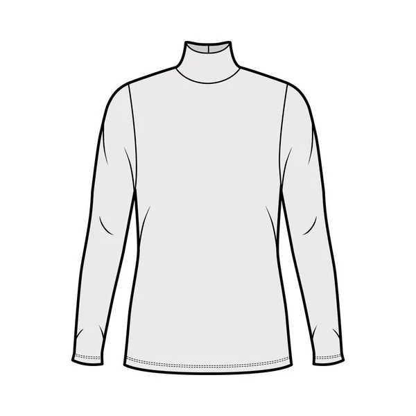 Maglia jersey dolcevita illustrazione tecnica di moda con maniche lunghe, corpo oversize, lunghezza della tunica. — Vettoriale Stock