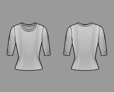 Tırtıklı mürettebat boynu kısa kaburga kollu, kısa biçimli, tunik uzunluklu teknik moda illüstrasyonu.. 