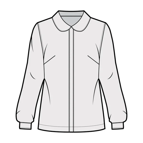 Chemise col rond illustration de mode technique avec silhouette ample, manches longues avec poignets, fermeture par bouton avant — Image vectorielle