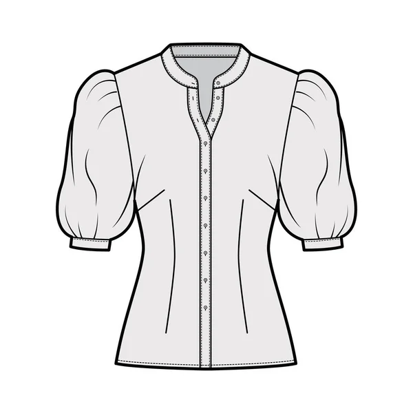 Stand collar shirt technical fashion illustration with elbow puff sleeve, front button-fastening, fitted silhouette — Stock Vector