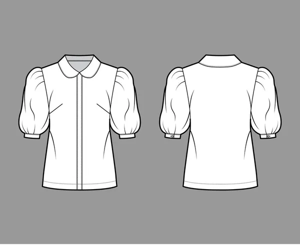 Chemise manches bouffantes coude illustration de mode technique avec col rond, fermeture par bouton avant, silhouette ample. — Image vectorielle