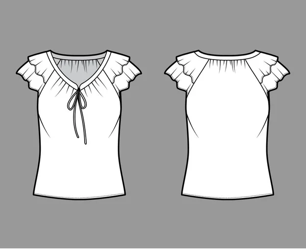 Blusa técnica de moda ilustración con lazos en el escote en V, volantes de aleteo mangas cortas, cuerpo suelto ajustado . — Archivo Imágenes Vectoriales