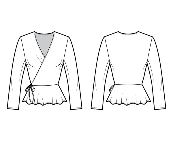 Wikkel blouse technische mode illustratie met gemonteerd silhouet, ruches zoom, lange mouwen, stropdassen aan de taille. — Stockvector