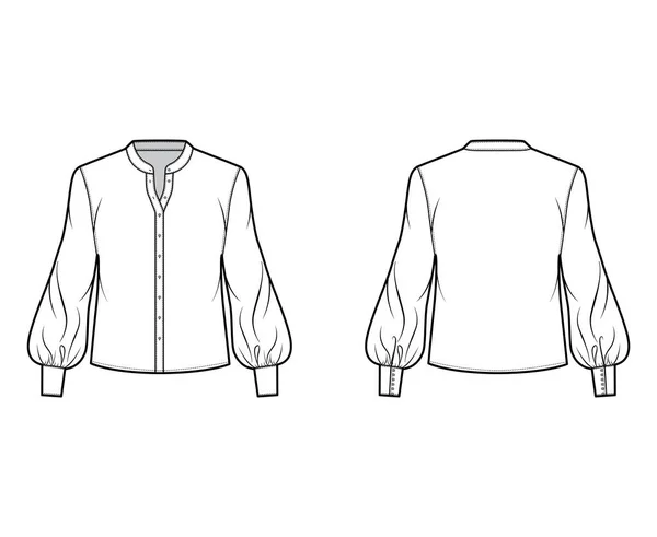 Chemise col montant illustration de mode technique avec manches longues évêque, fermeture par bouton avant, silhouette lâche. — Image vectorielle