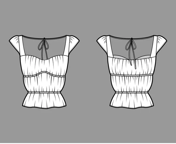 Ilustración técnica de la moda de la camisa con el cuerpo sobredimensionado, sujeciones ocultas del botón a lo largo del frente, volantes delicados — Vector de stock