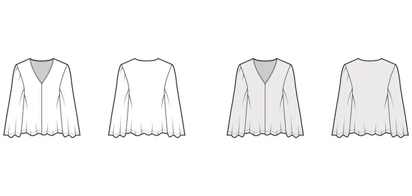 Gypsy stijl blouse technische mode illustratie met baby pop lichaam, diepe V-hals, lange cirkel mouwen tuniek. — Stockvector