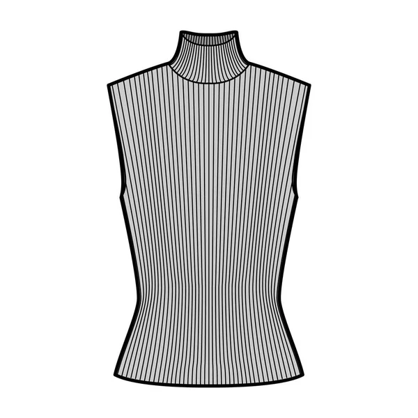 Jersey costilla cuello alto ilustración técnica de moda con cuerpo ajustado, jersey sin mangas . — Vector de stock