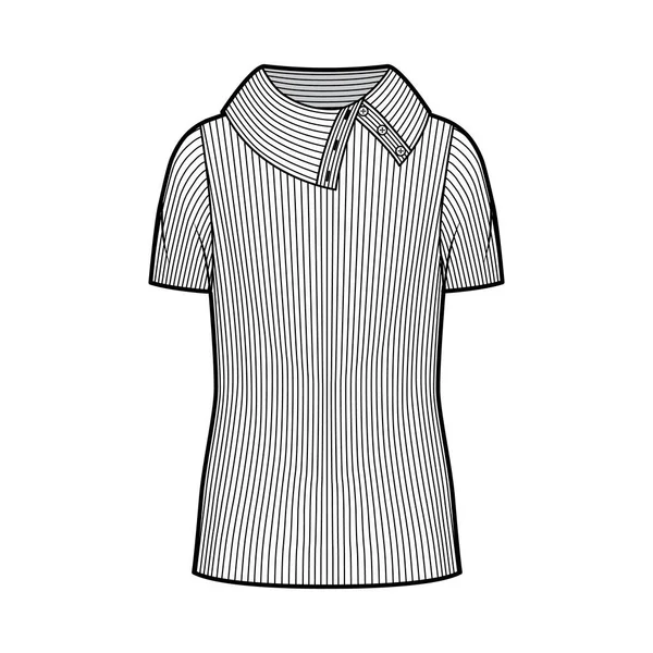 Brede knoop-up coltrui geribde trui technische mode illustratie met korte mouwen, oversized, tuniek lengte — Stockvector