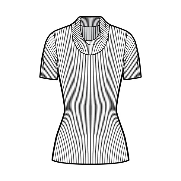 リブのカウルタートルネックニットセーター短いリブ袖、近い形状、チュニック長さ技術的なファッションイラスト — ストックベクタ