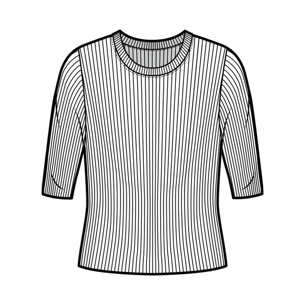 Equipe com nervuras pescoço malha suéter técnica moda ilustração com mangas de cotovelo, corpo de grandes dimensões . —  Vetores de Stock