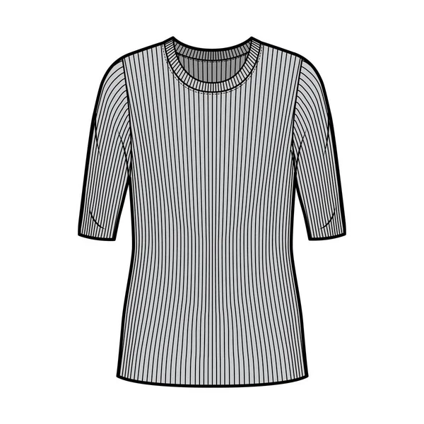Jersey de punto de cuello redondo acanalado ilustración técnica de moda con mangas de codo, cuerpo de gran tamaño, longitud de la túnica. — Vector de stock
