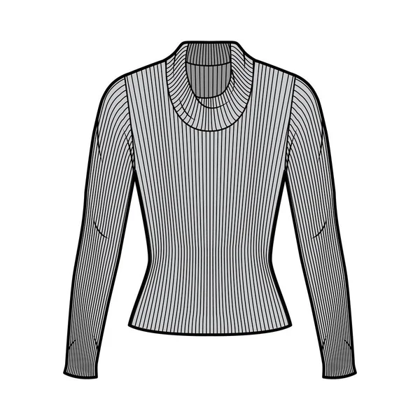 Pull à col roulé à capuchon côtelé illustration technique de mode avec manches longues, forme moulante. — Image vectorielle