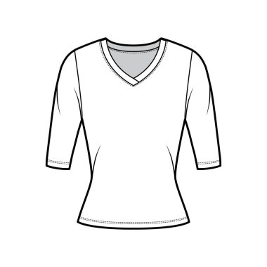 V yakalı kazak, dirsek kollu, kısa biçimli teknik moda illüstrasyonu.. 