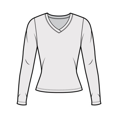 V yakalı kazak. Uzun kollu, dar biçimli teknik moda illüstrasyonu.. 