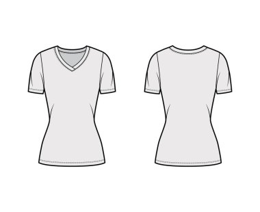 V yaka tişört, kısa kollu, kısa biçimli, tunik uzunluklu teknik moda illüstrasyonu.