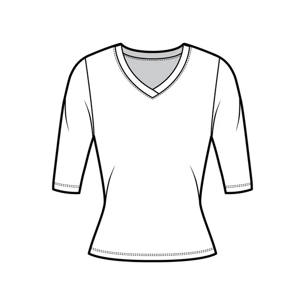 Jersey con cuello en V jersey ilustración técnica de moda con mangas de codo, forma ajustada. — Vector de stock