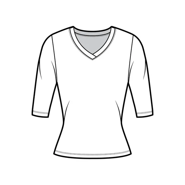 Jersey con cuello en V jersey ilustración técnica de moda con mangas de codo, forma ajustada. — Archivo Imágenes Vectoriales