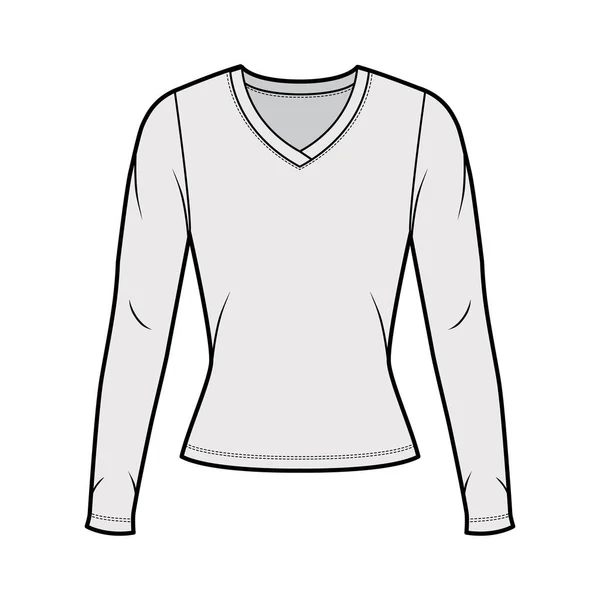 V-neck jersey sweater technical fashion illustration with long sleeves, close-fitting shape. — Stock Vector