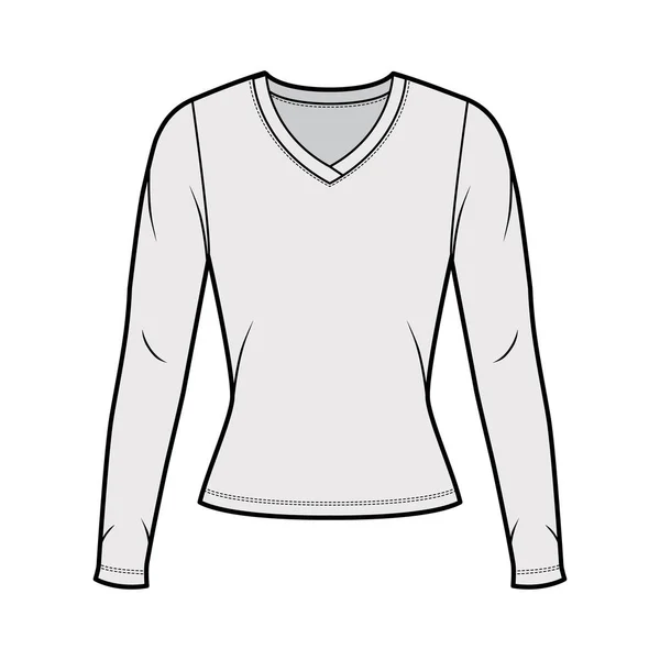 V-neck sweter sweter techniczny moda ilustracja z długimi rękawami, blisko dopasowany kształt. — Wektor stockowy