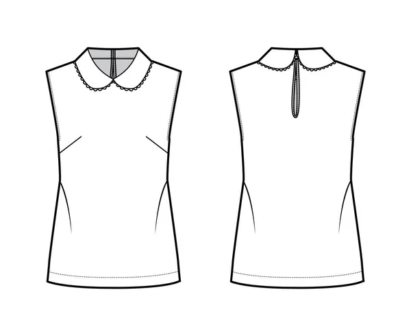 Blusa técnica de moda ilustración con silueta suelta, sin mangas, cuello redondo recortado con encaje festoneado. — Vector de stock