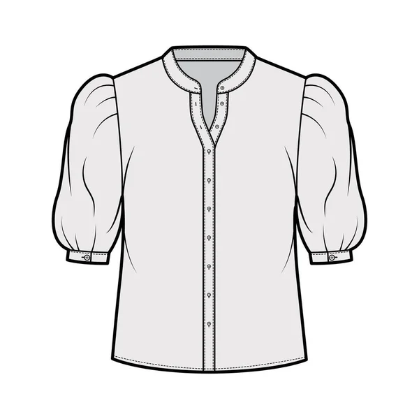 Chemise col montant illustration de mode technique avec manchon soufflé coude, fermeture par bouton avant, silhouette lâche — Image vectorielle