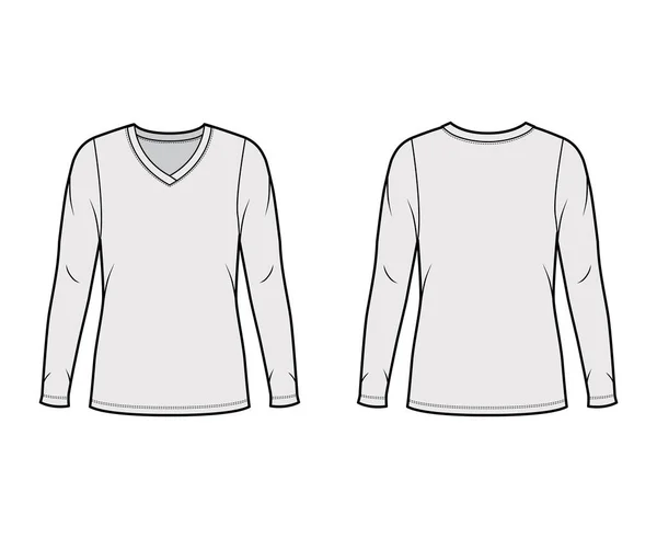 V-hals trui technische mode illustratie met lange mouwen, oversized body, tuniek lengte. — Stockvector