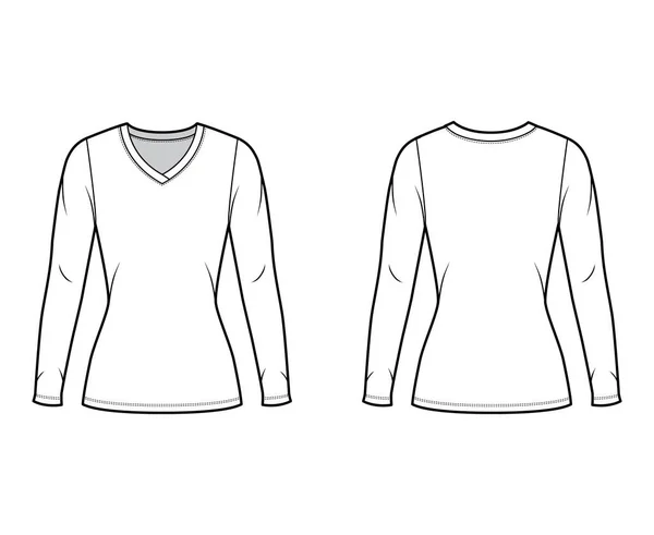 V-hals trui technische fashion illustratie met lange mouwen, nauwsluitende vorm, tuniek lengte. — Stockvector