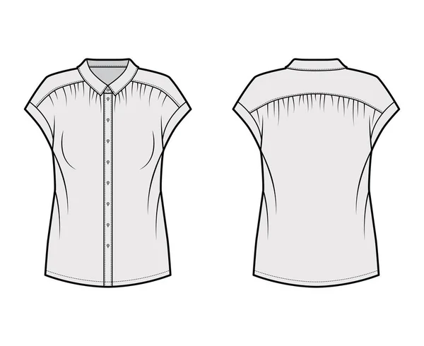 Suave pregas camisa técnica moda ilustração com silhueta solta, colar regular com suporte, sem mangas . —  Vetores de Stock