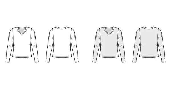 V-λαιμό φανέλα πουλόβερ τεχνική εικόνα μόδας με μακριά μανίκια, oversized σώμα — Διανυσματικό Αρχείο