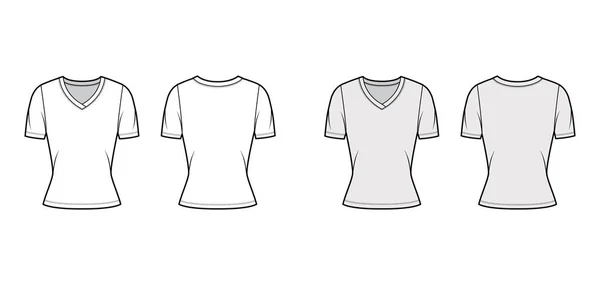 V-neck jersey t-shirt gambar fashion teknis dengan lengan pendek, bentuk yang pas dekat. - Stok Vektor