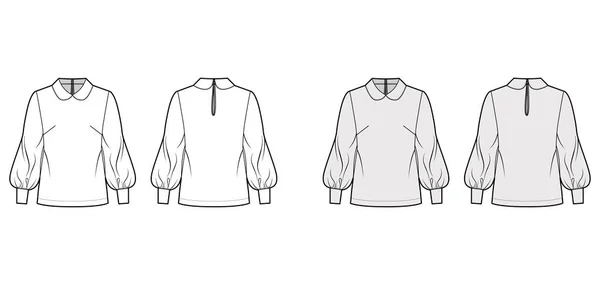 Довга блузка з єпископським рукавом технічна модна ілюстрація з круглим коміром, задня щілина для кнопок . — стоковий вектор
