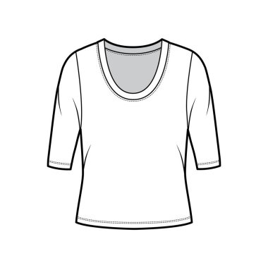 Kepçeli yaka tişörtü, dirsek kollu, büyük beden ölçüleri olan teknik moda çizimi.. 