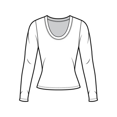 Uzun kollu, dar biçimli, kepçe yaka formalı, teknik moda illüstrasyonlu.. 