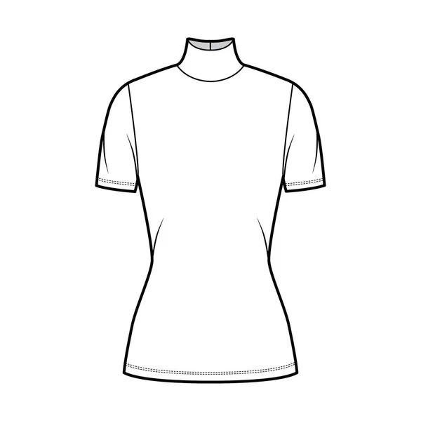 Rollkragenpullover aus Jersey technische Mode-Illustration mit kurzen Ärmeln, eng anliegende Form, Tunika-Länge — Stockvektor