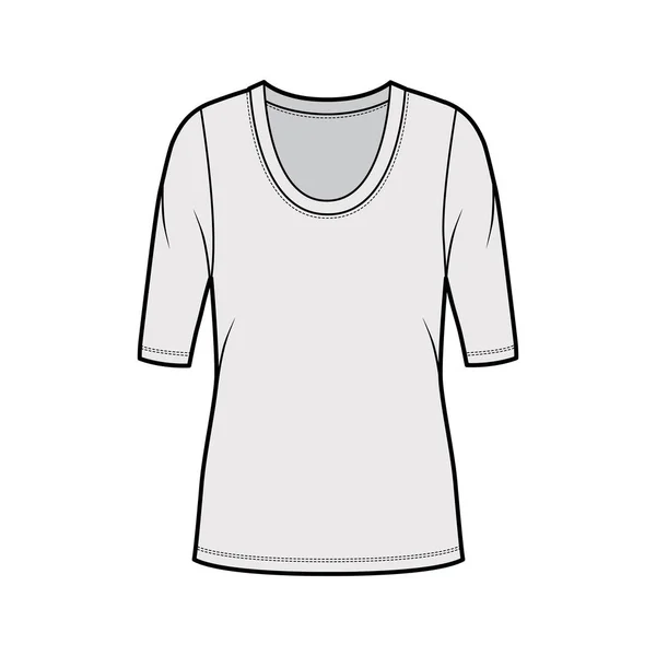 Scoop neck jersey shirt technische mode illustration mit ellenbogenärmeln, oversize body, Tunika länge. — Stockvektor