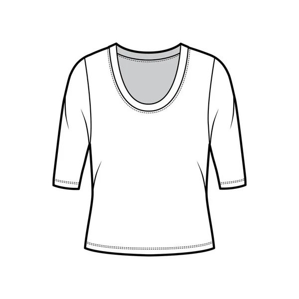 Camisa de jersey cuello redondo ilustración técnica de moda con mangas de codo, cuerpo de gran tamaño. — Vector de stock