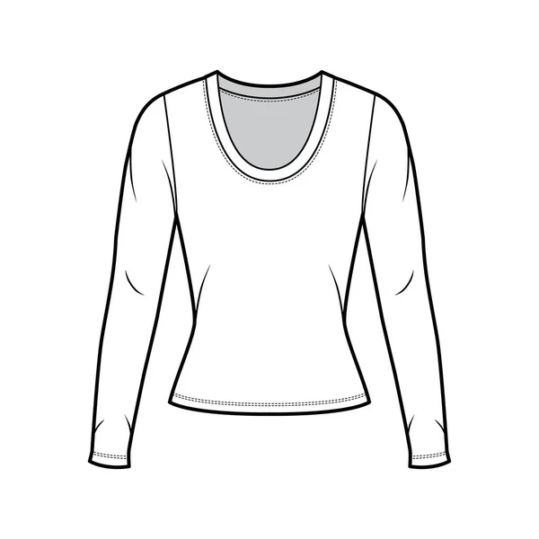 Scoop Neck Jersey Hemd technische Mode Illustration mit langen Ärmeln, eng anliegende Form. — Stockvektor