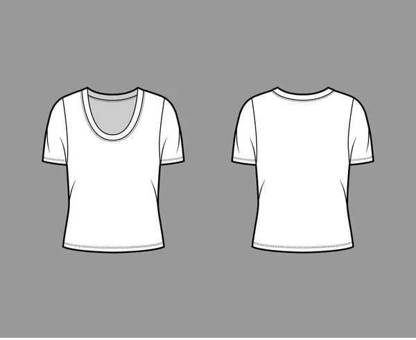 Tričko Scoop neck technické módní ilustrace s krátkými rukávy, nadrozměrné tělo. — Stockový vektor