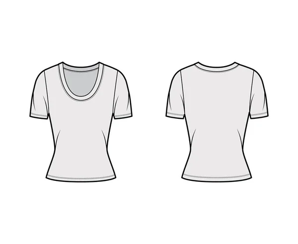 Scoop neck jersey t-shirt technical fashion illustration with short sleeves, close-fitting shape. — Stock Vector