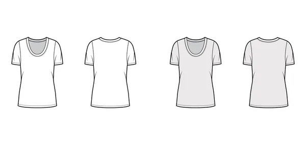 Scoop neck jersey t-shirt technical fashion illustration with short sleeves, oversized body, tunic length. — Stock Vector