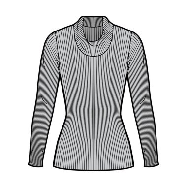 Tırtıklı balıkçı yaka kazak örgü uzun kollu, kısa biçimli, tunik uzunluklu teknik moda illüstrasyonlu