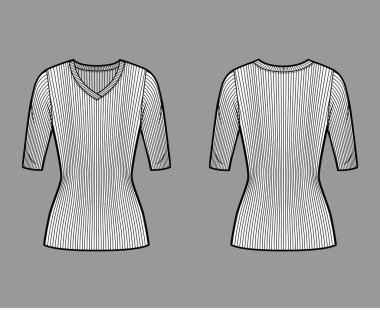 Tırtıklı V yaka örgü süveter, dirsek kollu, kısa biçimli, tunik uzunluklu teknik moda çizimi.. 