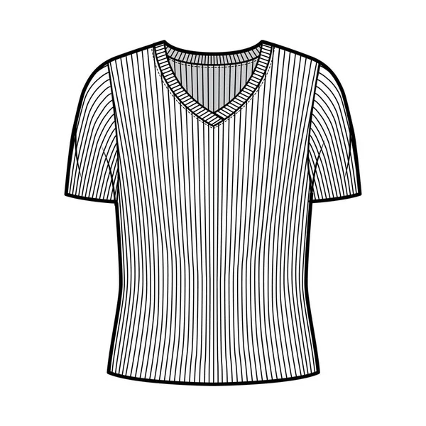 Camisola de malha com nervuras em V neck ilustração técnica de moda com mangas de costela curta, corpo de grandes dimensões . —  Vetores de Stock