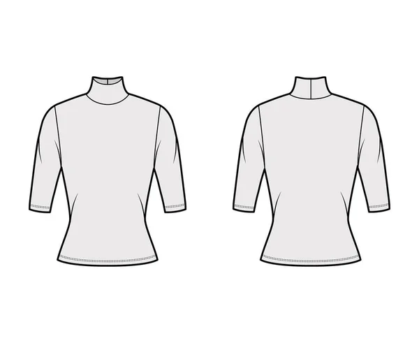 Rollkragenpullover aus Jersey technische Mode Illustration mit Ellenbogenärmeln, eng anliegende Form. — Stockvektor