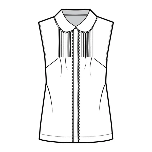 Pintucked blusa técnica moda ilustração com gola redonda, rendas vieiras, sem mangas, silhueta solta — Vetor de Stock